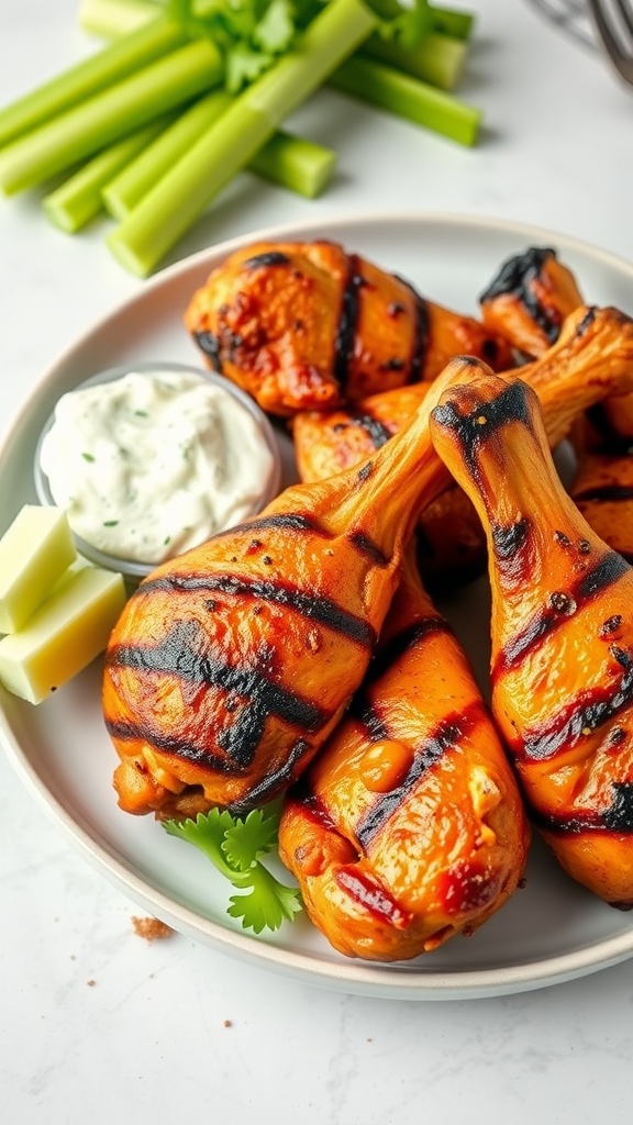 Buffalo style grilled chicken drumsticks with blue cheese dip and celery sticks.