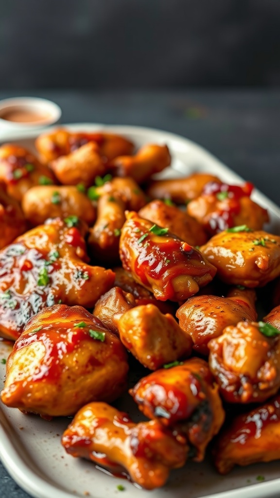 Buttermilk brined BBQ chicken pieces arranged on a platter with BBQ sauce.
