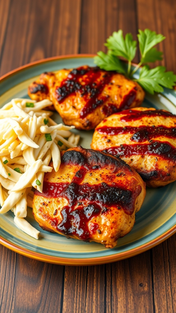 Plated Cajun Blackened Chicken with creamy pasta and garnished with parsley