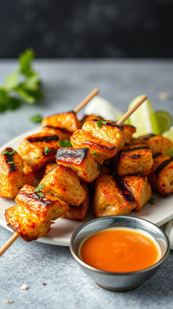 Cajun Grilled Chicken Strip Skewers served with a dipping sauce