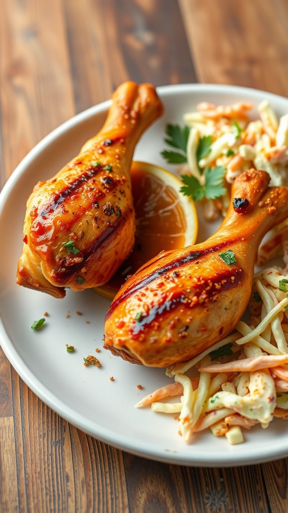 Cajun spiced grilled chicken legs served with a side of coleslaw