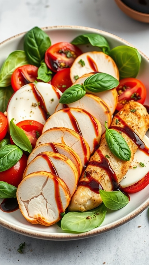 A vibrant Caprese Chicken Salad with sliced chicken, cherry tomatoes, mozzarella balls, and fresh basil.