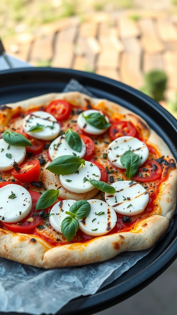 A grilled chicken pizza topped with mozzarella, tomatoes, and basil.