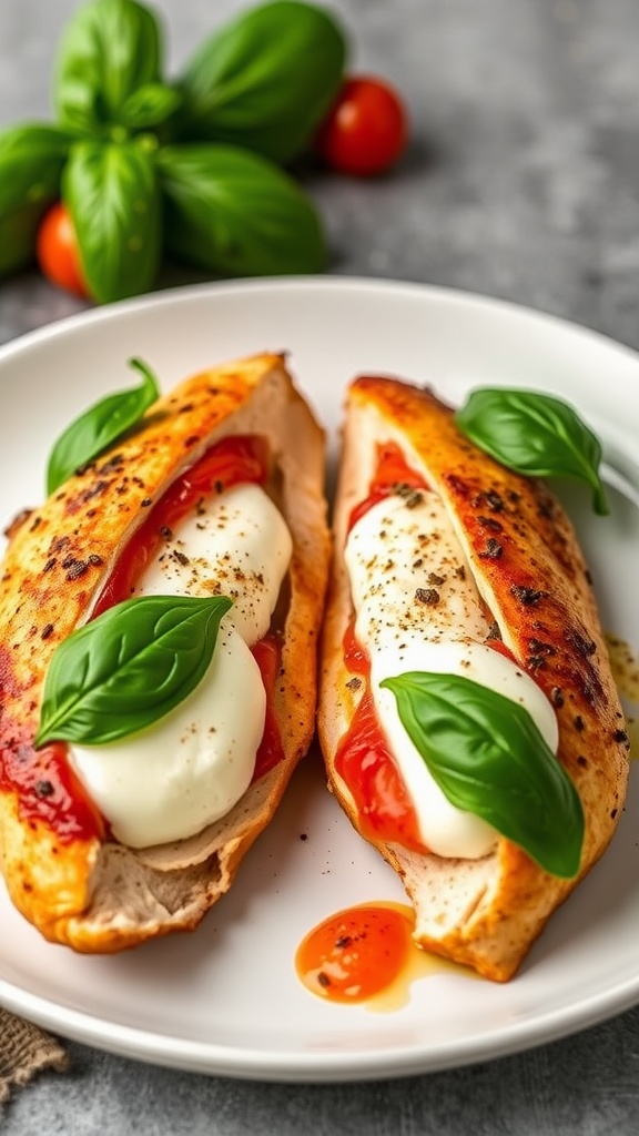 Delicious Caprese stuffed chicken breasts with mozzarella, tomatoes, and basil.