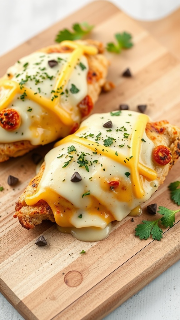 Cheesy Ranch Baked Chicken on a wooden cutting board, garnished with parsley