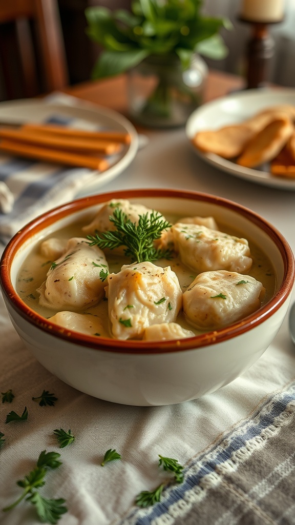 A comforting bowl of chicken and dumplings with herbs garnishing on top.