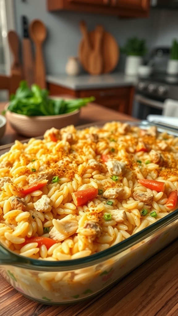 A delicious Chicken and Rice Casserole dish in a glass baking dish.