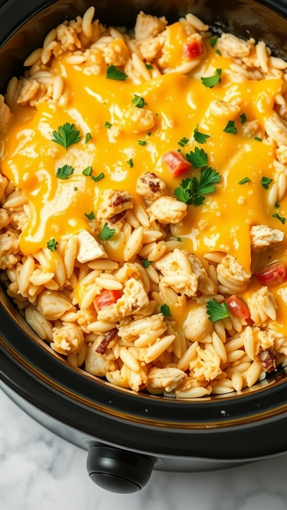 A delicious chicken and rice casserole cooked in a crockpot, topped with melted cheese and garnished with parsley.