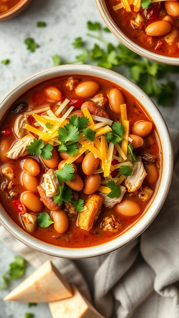 A bowl of chicken chili with beans topped with cheese and cilantro.