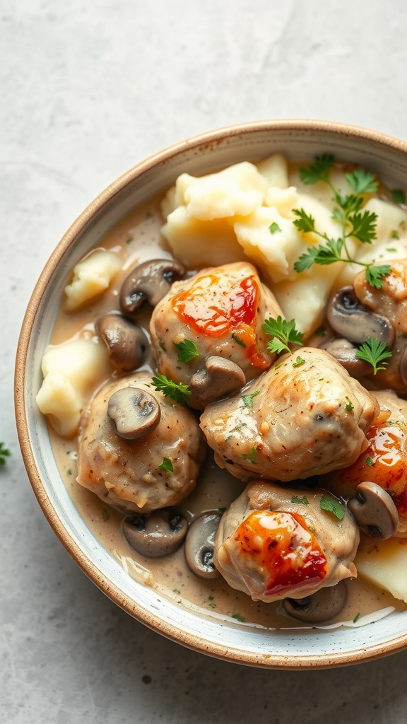 A bowl of chicken thighs in creamy mushroom sauce served with mashed potatoes.