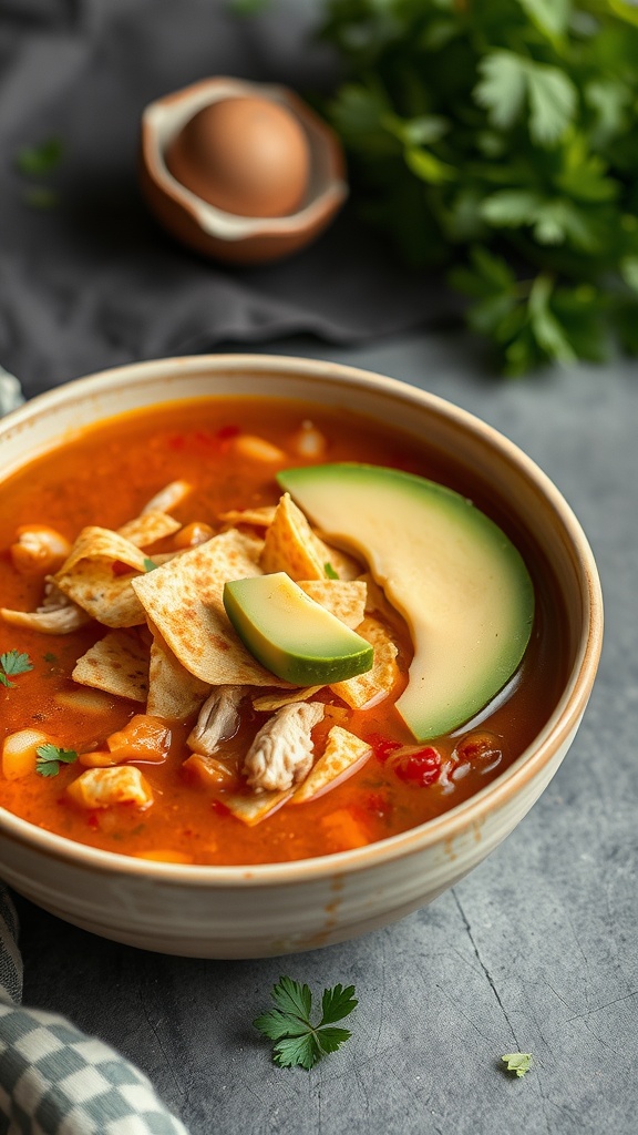 Bowl of chicken tortilla soup topped with tortilla strips and avocado slices