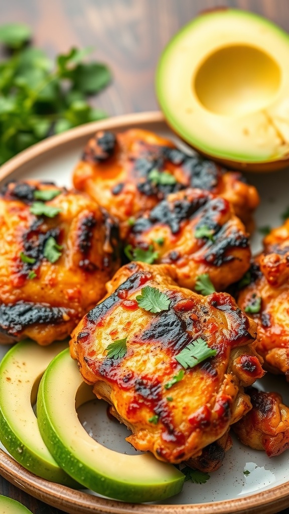 Grilled chili lime chicken thighs served with avocado slices and garnished with cilantro.