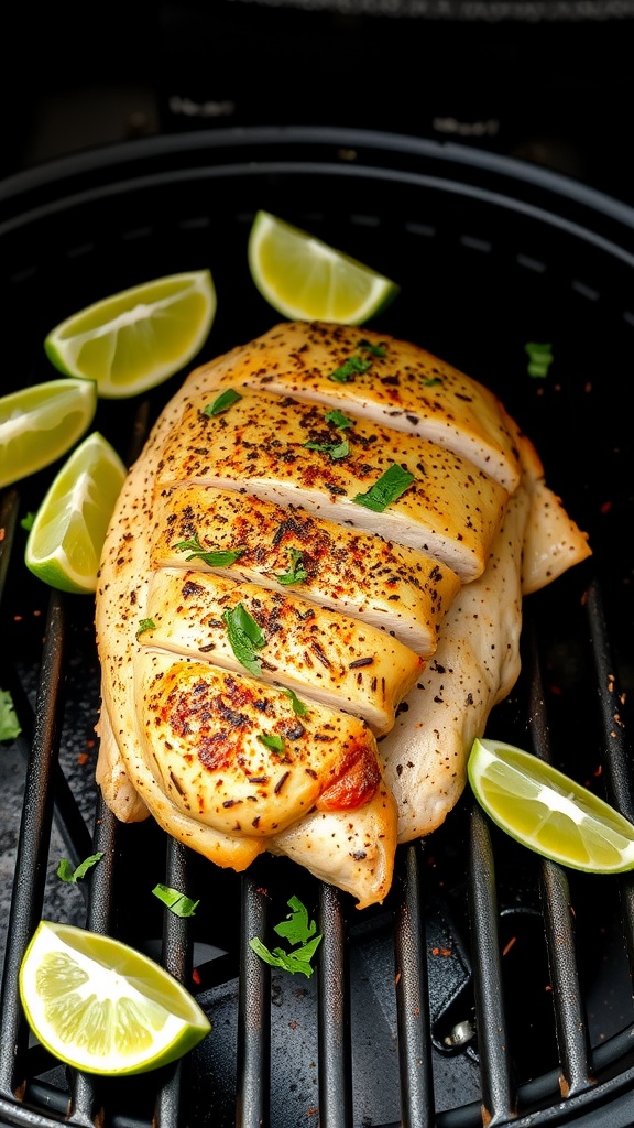 Chili lime grilled turkey breast garnished with cilantro and lime wedges.
