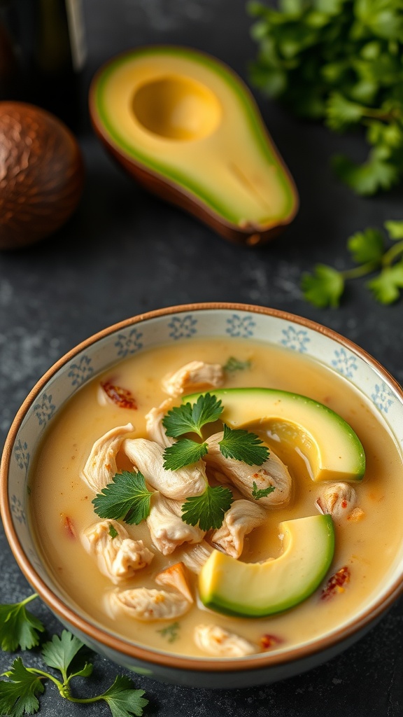 Chilled avocado and chicken soup served in a bowl with avocado slices and cilantro