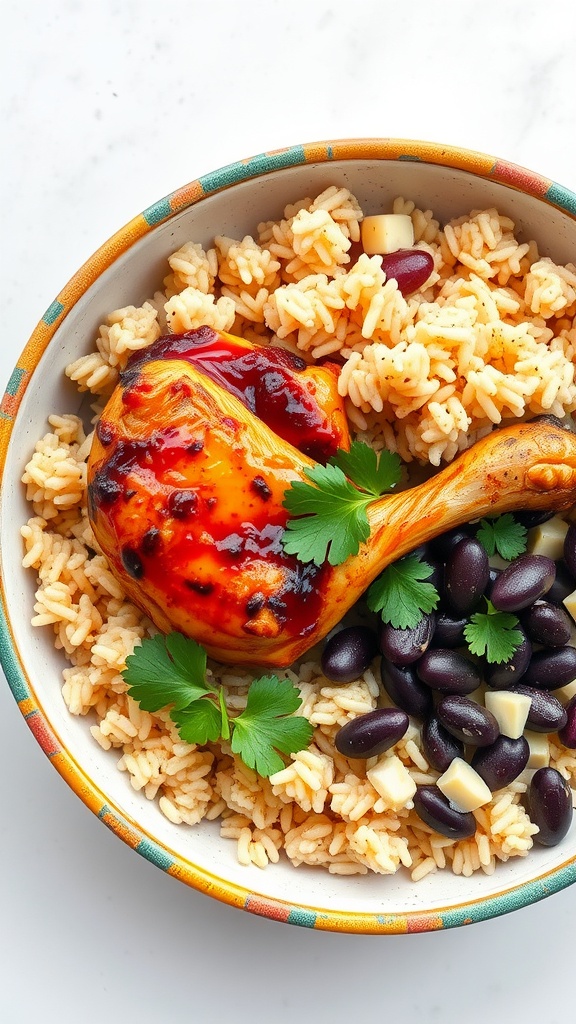 Delicious Chipotle Chicken with Black Beans and Rice served in a bowl.