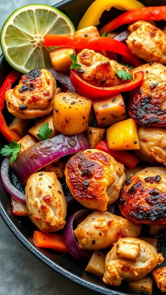 A vibrant dish of chipotle lime chicken fajitas with colorful peppers and onions.