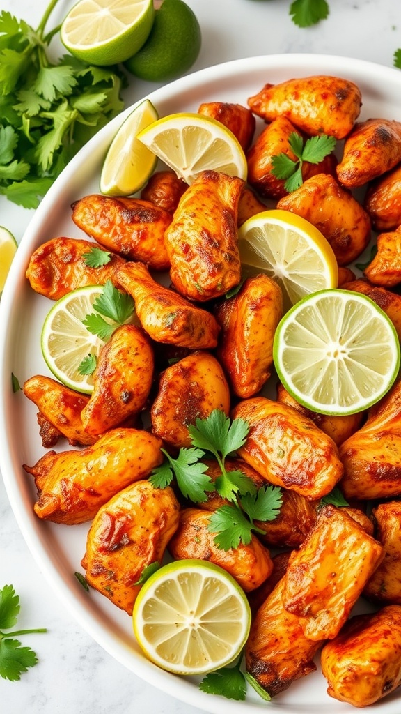 A plate of grilled chipotle lime chicken strips garnished with lime wedges and cilantro.