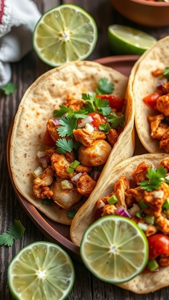 Chipotle lime chicken tacos with fresh toppings and lime wedges