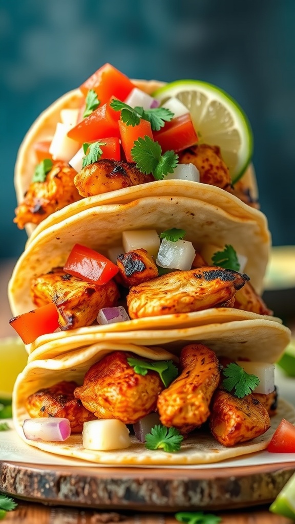 Delicious Chipotle Lime Grilled Chicken Tacos with fresh toppings and lime slices