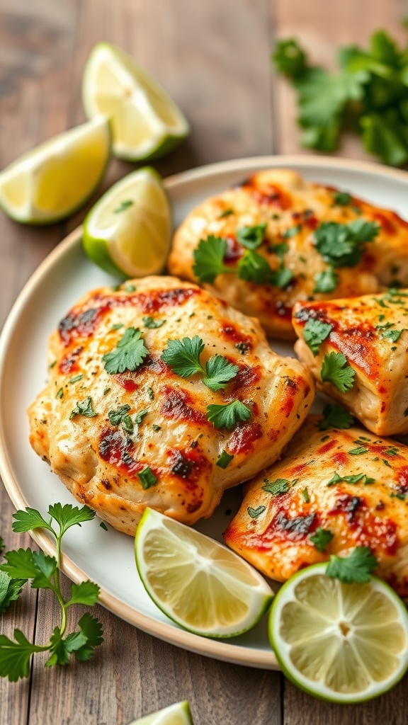 Cilantro Lime Chicken Thighs served with lime wedges and garnished with cilantro.