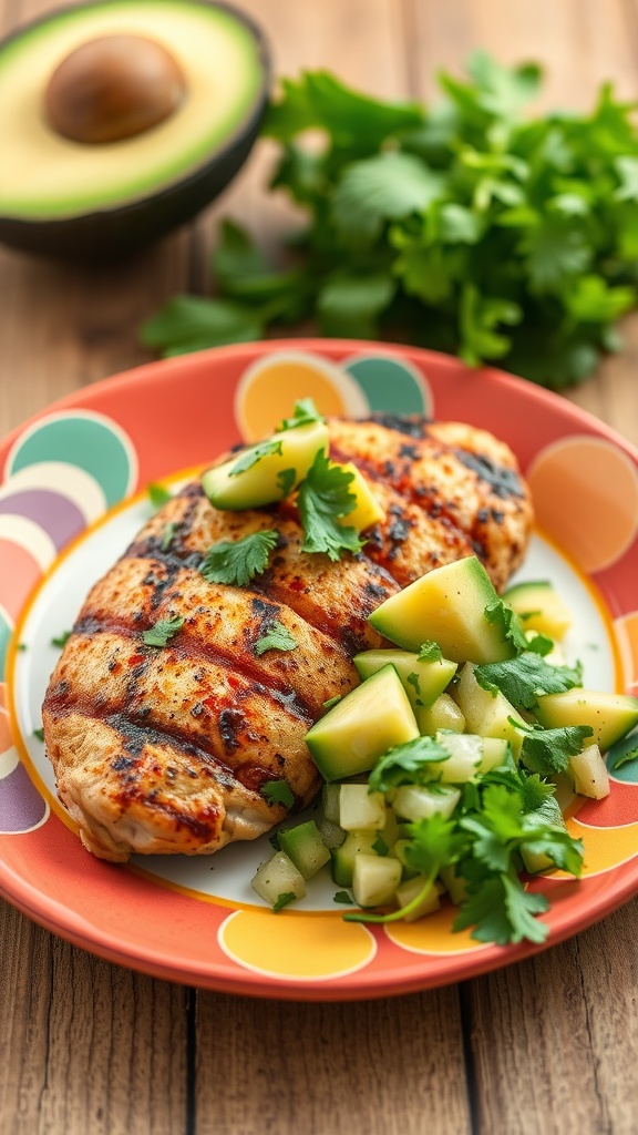 A plate of grilled cilantro lime chicken served with avocado salsa and garnished with fresh cilantro.