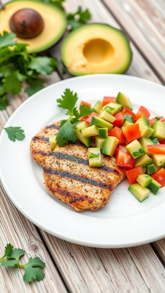 Grilled chicken served with avocado salsa and fresh vegetables