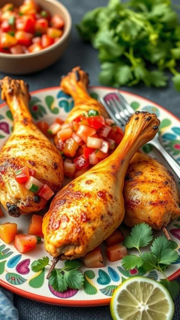 Crispy grilled chicken drumsticks with cilantro and lime flavor
