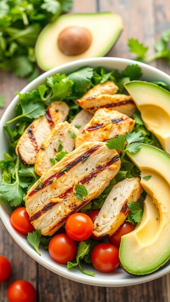 A bowl of cilantro lime grilled chicken salad with avocado, cherry tomatoes, and greens.