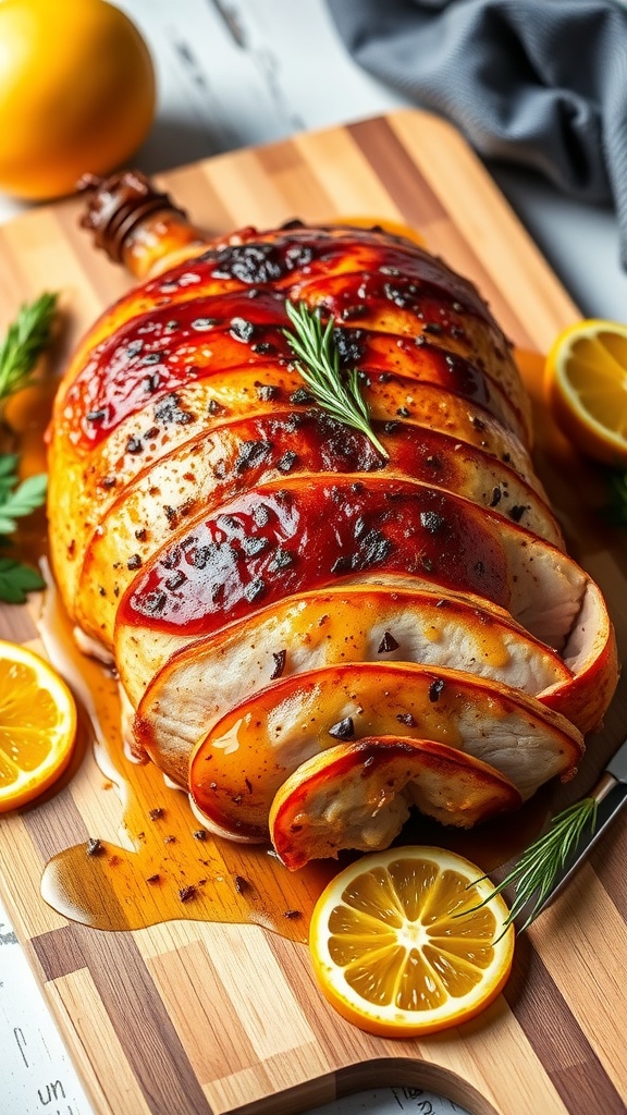 A beautifully glazed turkey breast drizzled with citrus honey sauce, garnished with lemon slices.