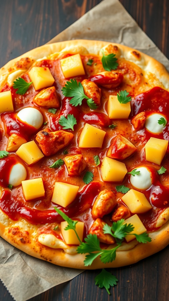 BBQ Chicken and Pineapple Pizza topped with cheese and fresh herbs
