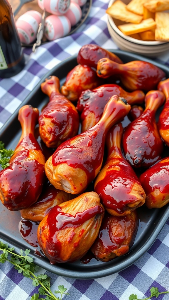 Plate of BBQ chicken drumsticks glazed with sauce.
