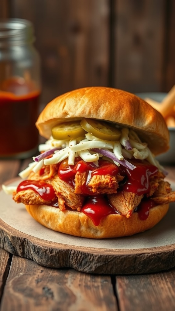 A classic BBQ pulled chicken sandwich with coleslaw on a wooden platter.