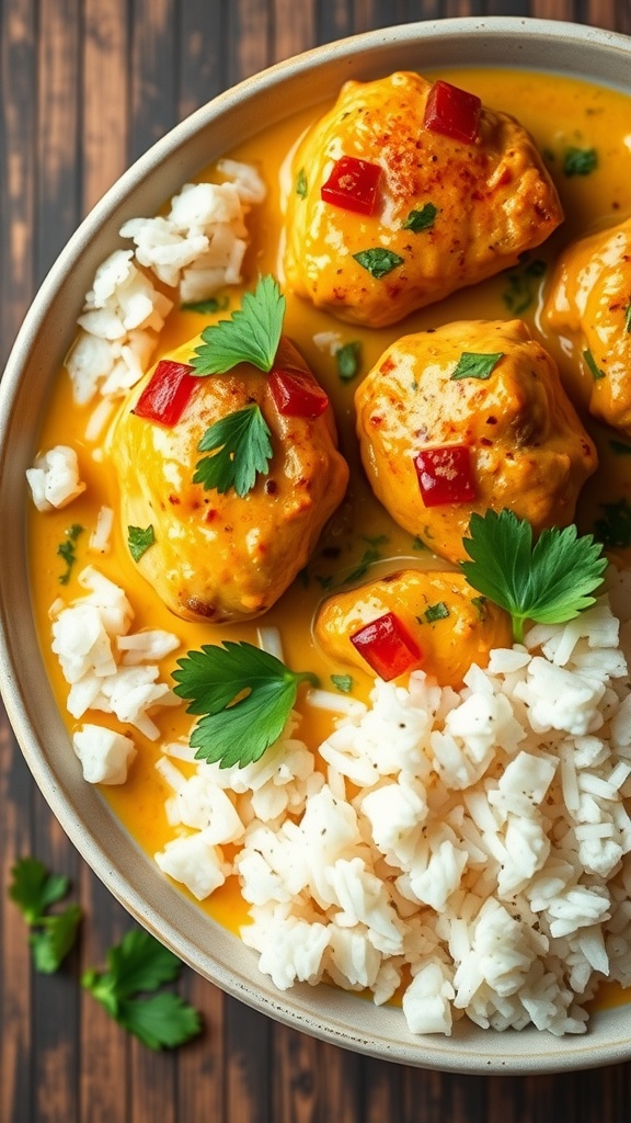 A delicious plate of coconut curry baked chicken served with rice and garnished with cilantro.