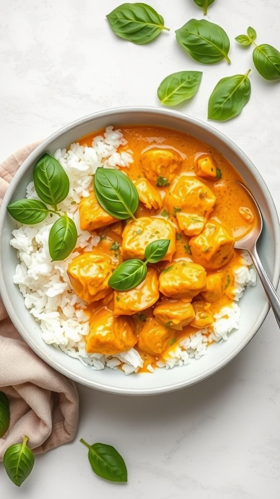 A bowl of coconut curry chicken served over rice, garnished with fresh basil.