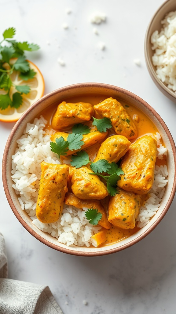 Bowl of coconut curry chicken served over rice with cilantro garnish.