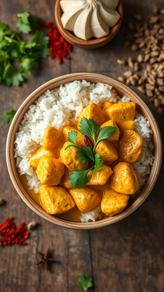 A bowl of coconut curry chicken served over rice, garnished with fresh cilantro.