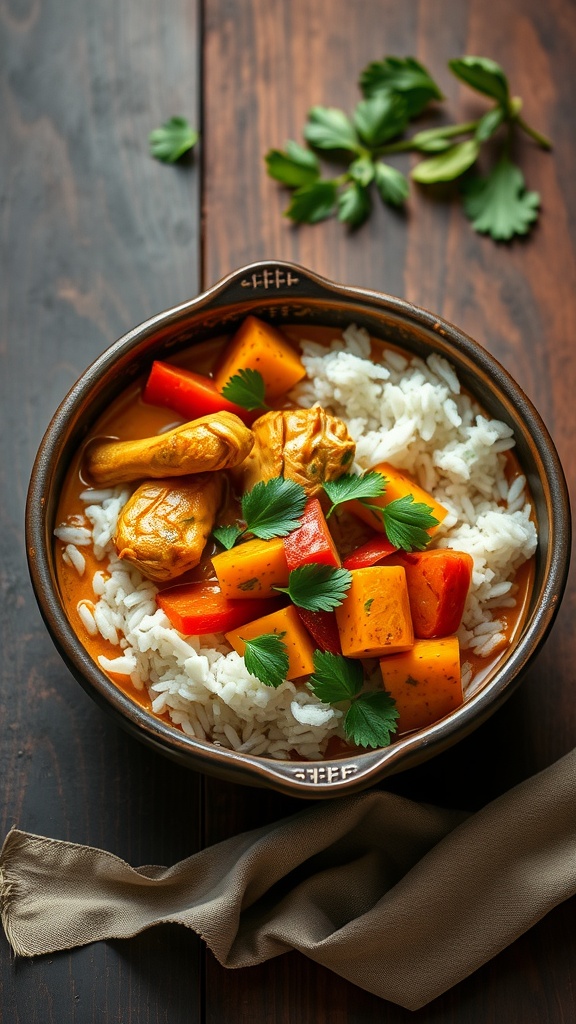 A vibrant bowl of Coconut Curry Chicken served with rice, featuring colorful vegetables and garnished with fresh cilantro.