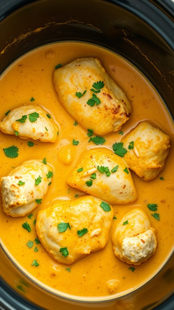 A bowl of coconut curry chicken with tender chicken pieces and a creamy sauce garnished with cilantro.