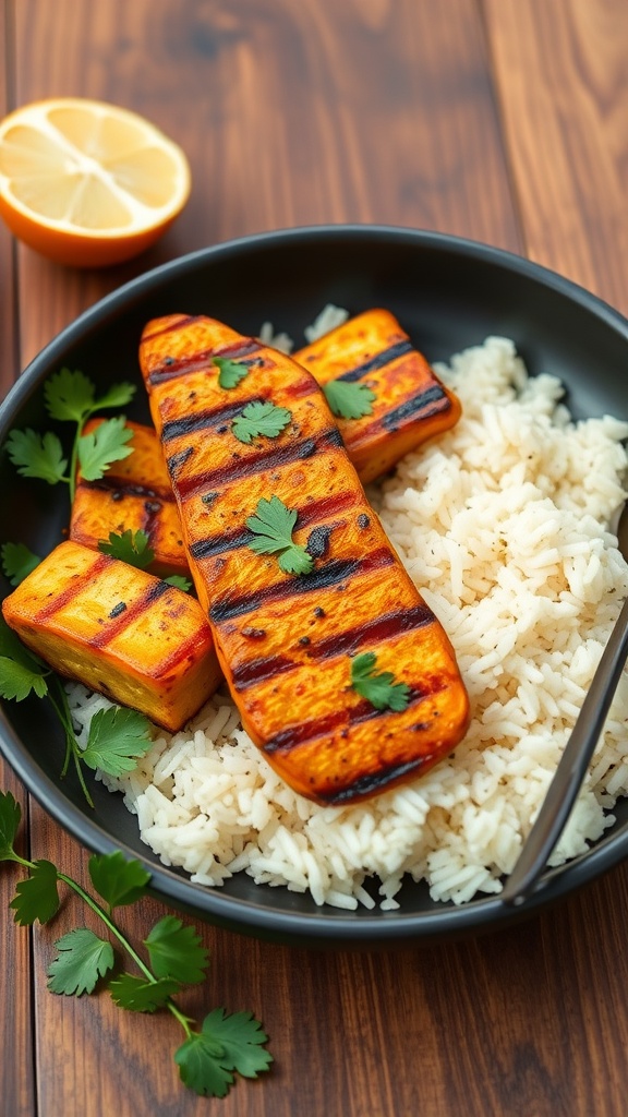 A delicious serving of coconut curry chicken strips on a plate with rice and garnished with cilantro.