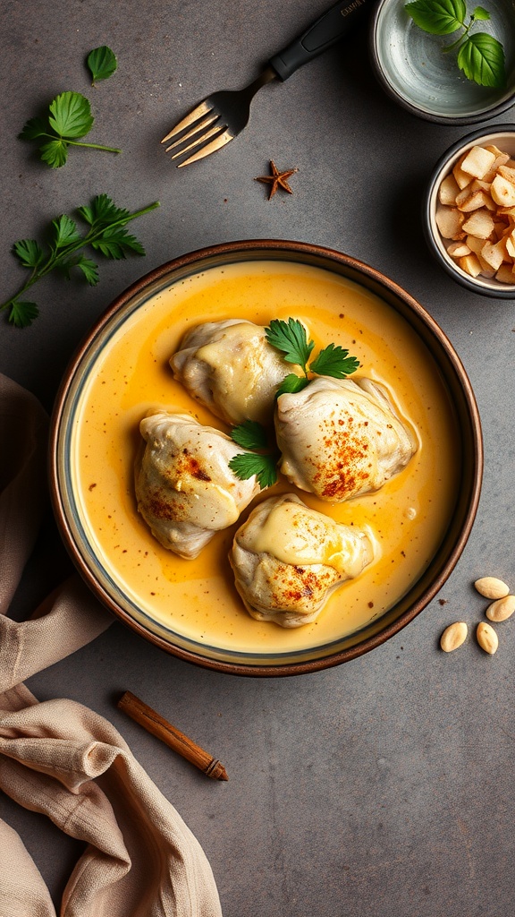 A bowl of coconut curry chicken thighs garnished with fresh herbs.