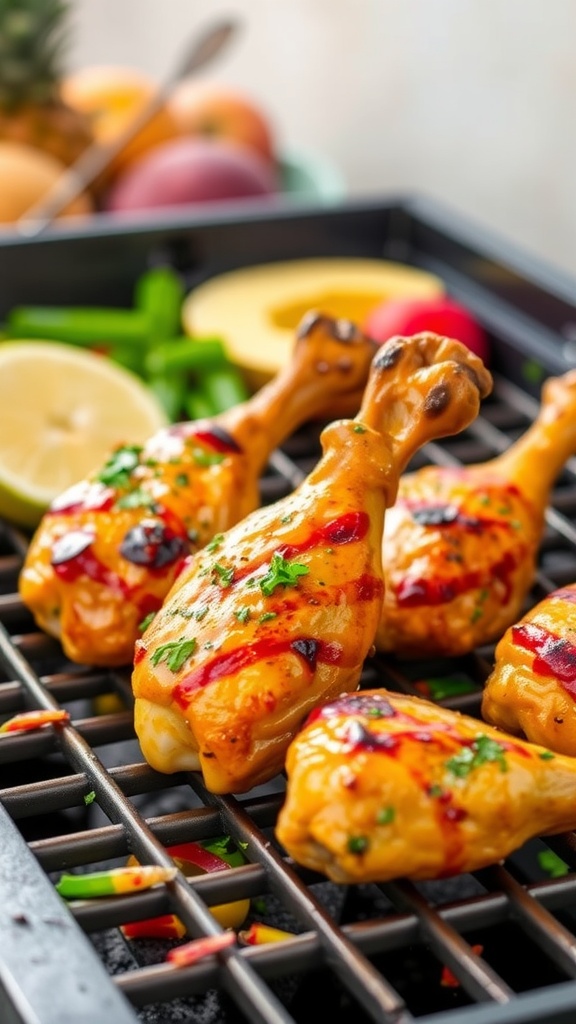 Grilled chicken legs with coconut curry glaze on a grill