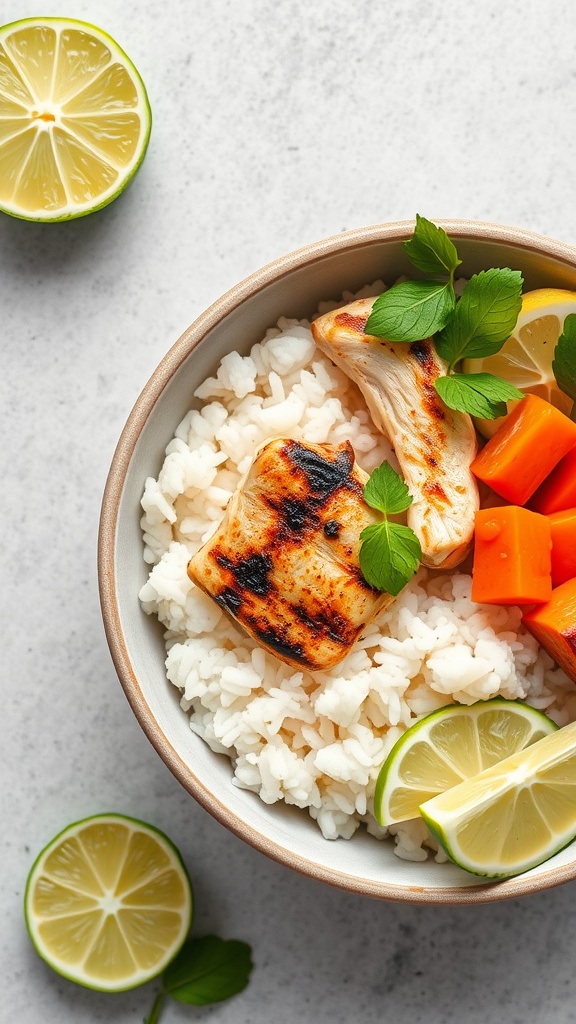 Coconut Lime Chicken Rice Bowl with rice, grilled chicken, and lime