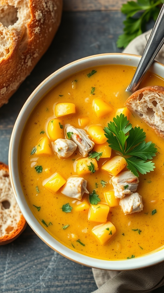 A bowl of creamy corn and chicken chowder garnished with cilantro and served with bread.