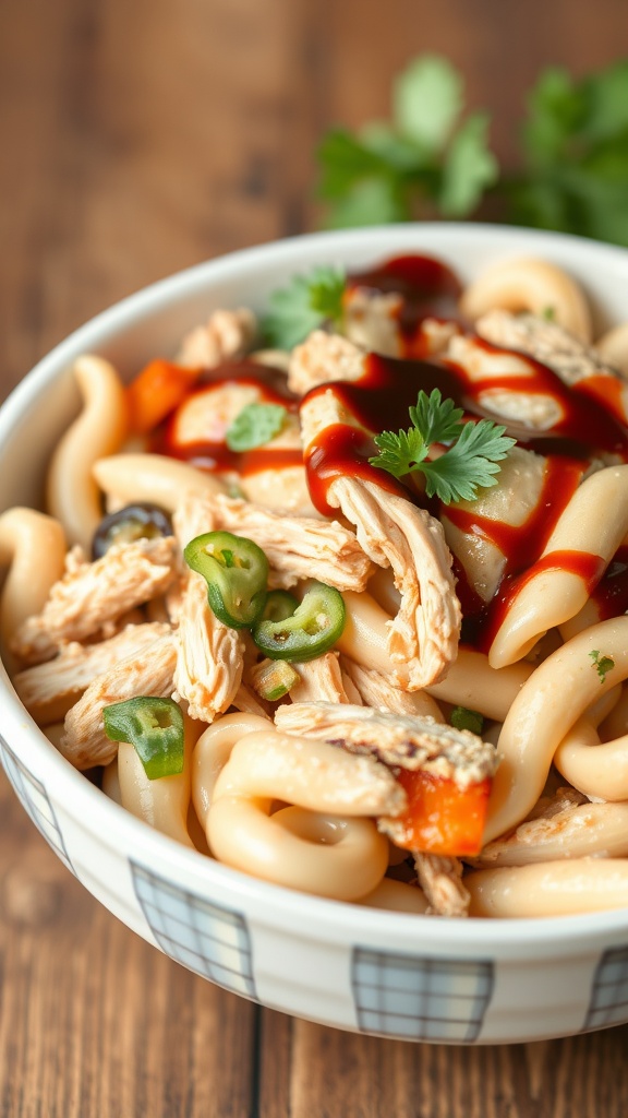 A delicious bowl of creamy BBQ chicken pasta salad topped with herbs and BBQ sauce.
