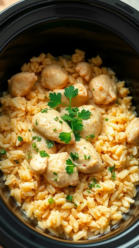 A bowl of creamy garlic chicken and rice garnished with parsley