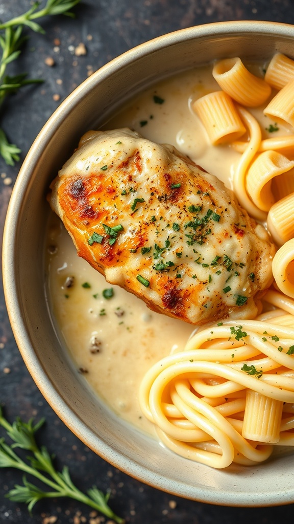 Creamy Garlic Parmesan Chicken served with pasta in a bowl