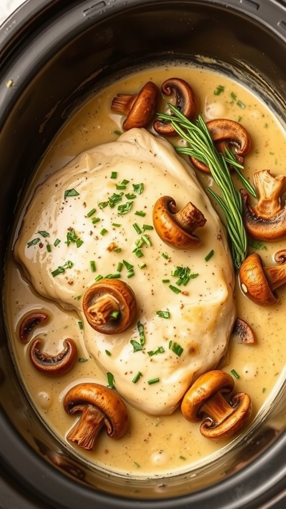 A slow cooker filled with creamy mushroom chicken, garnished with herbs and mushrooms.