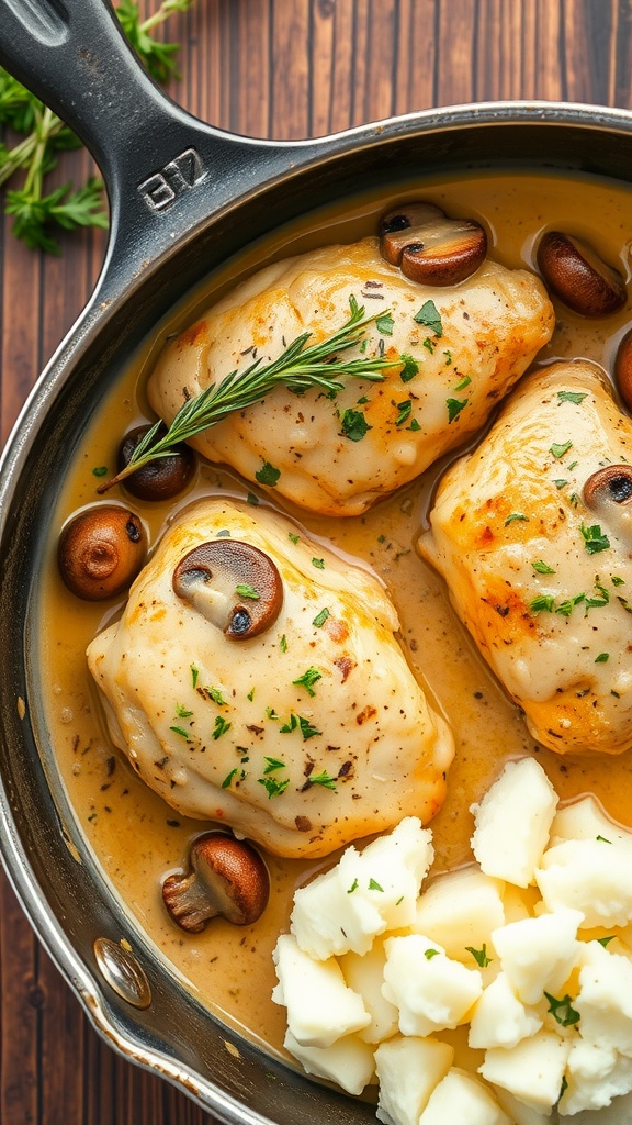 Creamy mushroom chicken thighs with a side of mashed potatoes