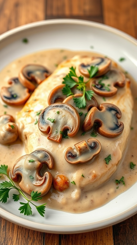 Creamy mushroom sauce chicken on a plate garnished with parsley