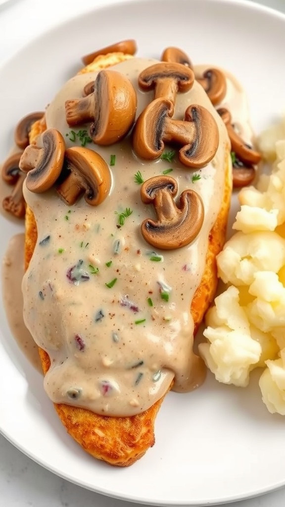 A plate of creamy mushroom sauce chicken served with mashed potatoes
